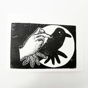 Shadow puppet lino print. Shadow puppet animals. Shadow puppet people. Crow lino print. Linocut. Lino print. Handmade.
