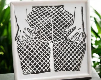 Fishnet Bum Linocut Print. Queer Art. Lesbian Art. Sapphic Art. wlw