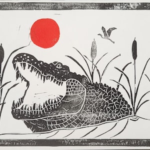 Crocodile Linocut Print: Handmade Alligator Art, Nature Scene (5x7)