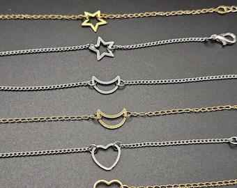 Stainless Steel Bracelet. Crescent Moon bracelet. Star. Heart. Silver Bracelet. Gold Bracelet.