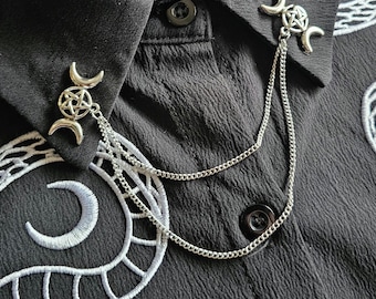 Crescent Moon Pentagram Collar Pin Double Chain. Lapel pins.  Witchy Collar Pins. Gothic  Jewelry. Corporate Goth. Pentagram jewelry
