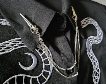 Collar Pin Chain. Bird skull Collar Pins. Lapel pins. Silver Collar Chain. Collar Clips. Lapel pins. Collar Pendant. Gothic Jewelry.