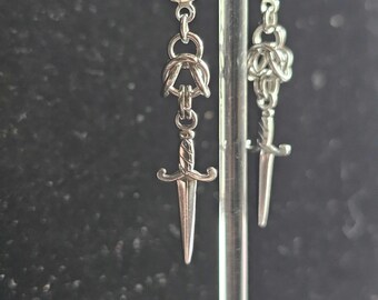 Chainmail earrings with sword. Chainmail jewelry. Sword earrings. Byzantine Chain. Punk. Grunge jewelry. Corporate Goth. Medieval. Viking