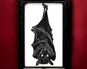 Handmade Bat Linocut Print: Gothic Home Decor (5x7)