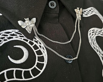 Moth Moon Collar Pin Double Chain. Silver Collar Chain. Collar Pin. Collar Clips. Collar Pendant. Gothic Jewelry. Lapel pins. Corporate Goth