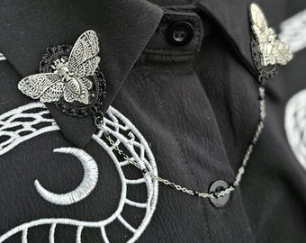 Moth Collar Pin Double Chain. Victorian Collar Pins. Collar Chain. Collar Pin. Collar Clips. Collar Pendant. Lapel pin. Corporate Goth