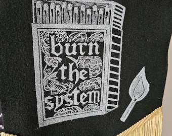 Burn the System - handmade banner. Matchbox Lino Print. Hanging wall art tapestry