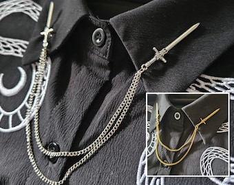 Collar Pin Chain. Sword Collar Pins. Lapel pins. Silver or Gold. Collar Clips. Collar Pendant. Gothic Jewelry. Corporate Goth