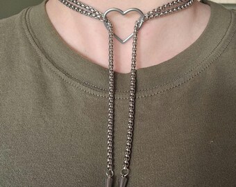 Heart Bolo Tie Necklace. Chain Bolo Tie. Handmade Gothic Punk Slip Chain Necklace. O Ring Collar. Alternative. Grunge. Stainless Steel