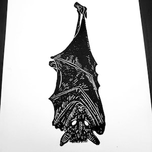 Bat lino print. Bat art. Bat print. Gothic art. Bat home decor. Linocut. Handmade. Gothic decor. Animal prints. Nature prints. Handmade