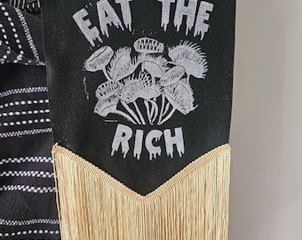 Eat the Rich venus fly trap - handmade banner. Lino Print. Hanging wall art tapestry
