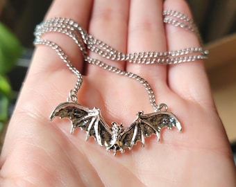 Bat Necklace: Gothic Punk Silver Pendant. Halloween. Alternative. Grunge. Stainless steel