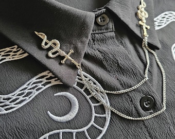 Collar Pin Chain. Sword and Snake Collar Pins. Lapel pins. Silver or Gold. Collar Clips. Collar Pendant. Gothic Punk Jewelry. Corporate Goth