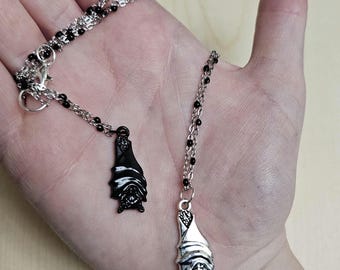 Bat Necklace: Gothic Punk Silver Pendant. Black bat necklace. Upside down hanging bat. Alternative jewelry. Corporate Goth. Grunge Jewelry