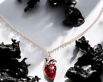 Anatomical heart necklace. Alternative jewelry. Heart necklace. Silver and Red. Gothic. Punk. Weird. Grunge. Halloween. Valentine's Day Gift