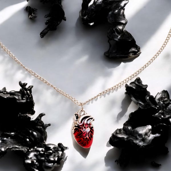 Anatomical heart necklace. Alternative jewelry. Heart necklace. Silver and Red. Gothic. Punk. Weird. Grunge. Halloween. Valentine's Day Gift