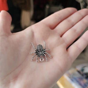 May include: A small, silver-colored spider charm with detailed legs and body segments. The charm has a loop at the bottom, suggesting it's designed for jewelry making or as a pendant. The spider's body is textured.
