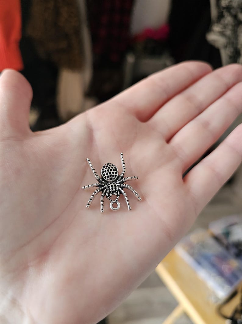 May include: A small, silver-colored spider charm with detailed legs and body segments. The charm has a loop at the bottom, suggesting it's designed for jewelry making or as a pendant. The spider's body is textured.