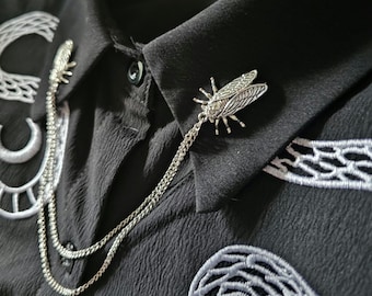Cicada Collar Pin Double Chain. Silver Collar Chain. Collar Pin. Collar Clips. Collar Pendant. Gothic Jewelry. Lapel pins