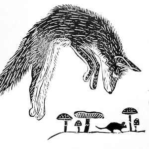 Fox linocut. Fox gifts. Fox art. Fox print. Animal prints. Nature prints. Cute art. Lino. Fox jumping. Lino print. Handmade
