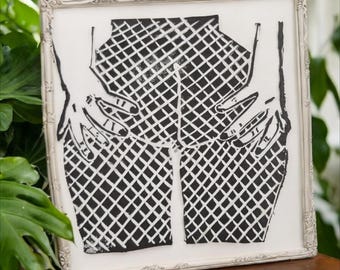 Fishnet Bum Linocut Print. Queer Art. Lesbian Art. Sapphic Art. wlw