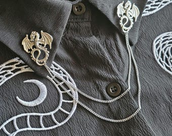 Dragon Collar Pin Chain. Silver Collar Chain. Collar Pin. Lapel pins. Dragon gifts. Dragon jewelry. Ren Faire Jewelry. Fantasy jewelry