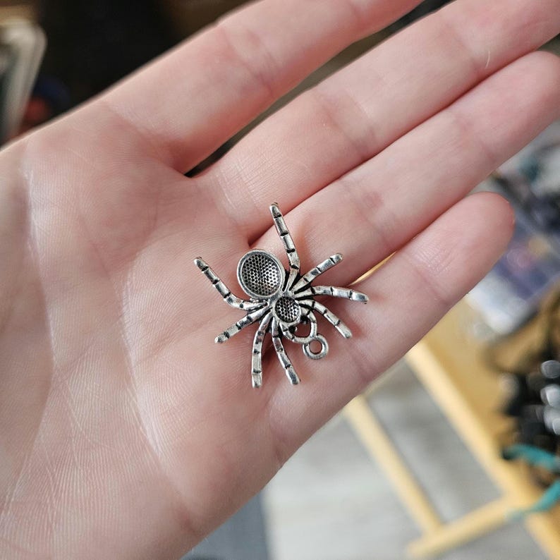 May include: A silver-colored spider charm with detailed legs and a textured body. The charm has a small loop for attaching to a necklace or bracelet. The spider charm is a decorative element.