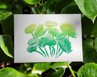 Venus Fly Trap Linocut Print. Plant art. Garden Decor. Weird art. Colorful wall art. Lino print