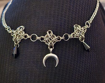 Byzantine Crescent Moon Chainmail Necklace. Handmade Choker. Witchy. Gothic. Punk. Alt. Grunge. Rave Outfit. Medieval. Bold chunky