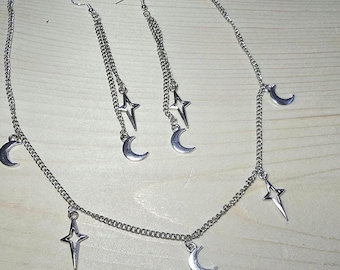 Celestial Moon and Stars Necklace & Earrings Set. Moon and Star necklace. Moon earrings