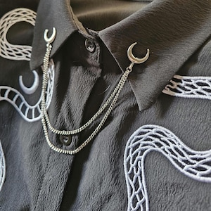 Moon Collar Pin Double Chain. Silver Collar Chain. Collar Pin. Collar Clips. Collar Pendant. Handmade.  Gothic Jewelry. Lapel pins