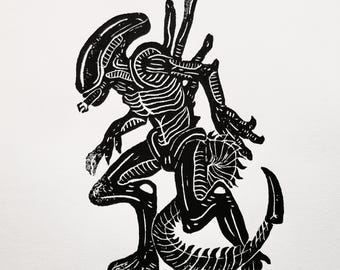 Xenomorph Alien Handmade Lino Art Print - Sci-Fi Movie Inspired Wall Decor - Unique Gift for Fans