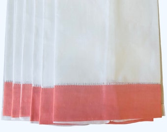 6PK- Coral Banded Linen Hemstitch Fingertip Towels 14X22 100% Pure Linen Ladder Hemstitched Tea Towels Embroidery Monogram Guest Towels