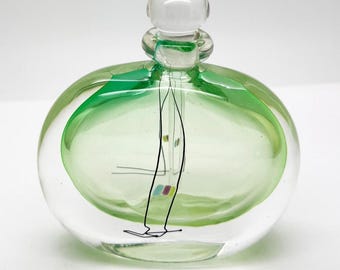 Vintage Green Art glazen parfumflesje: geometrische stop, gesigneerd