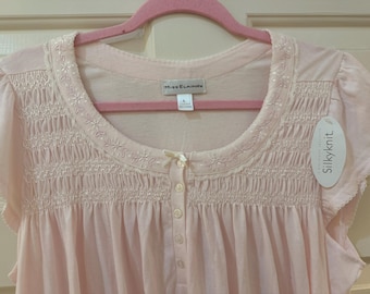 Smocked Embroidered Flower Night Gown, Silkyknit by Miss Elaine Night Gown, Pink Sleepwear, Large Gown, Light Weight Cotton, Five Button
