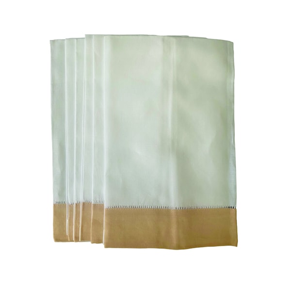 6PK- Beige Banded Linen Hemstitch Fingertip Towels 14X22 100% Pure Linen Ladder Hemstitched Tea Towels Embroidery Monogram Guest Towels