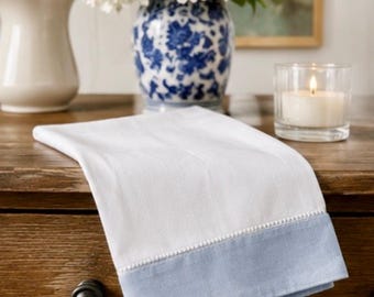 Light Grey Banded Linen Fingertip Towels - Hemstitch Guest Towels, Set of 6
