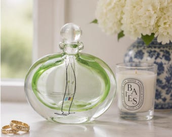 Vintage Art Deco Hand-Blown Perfume Bottle, Green Cased Glass Vanity Bottle with Stopper, Mid-Century Decorative Glass, Signed Boudoir Décor