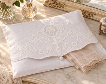 Vintage Embroidered Hosiery Bag or Boudoir Pillow Sham 12 x 16 | Whitework Floral Lingerie Case | New Old Stock