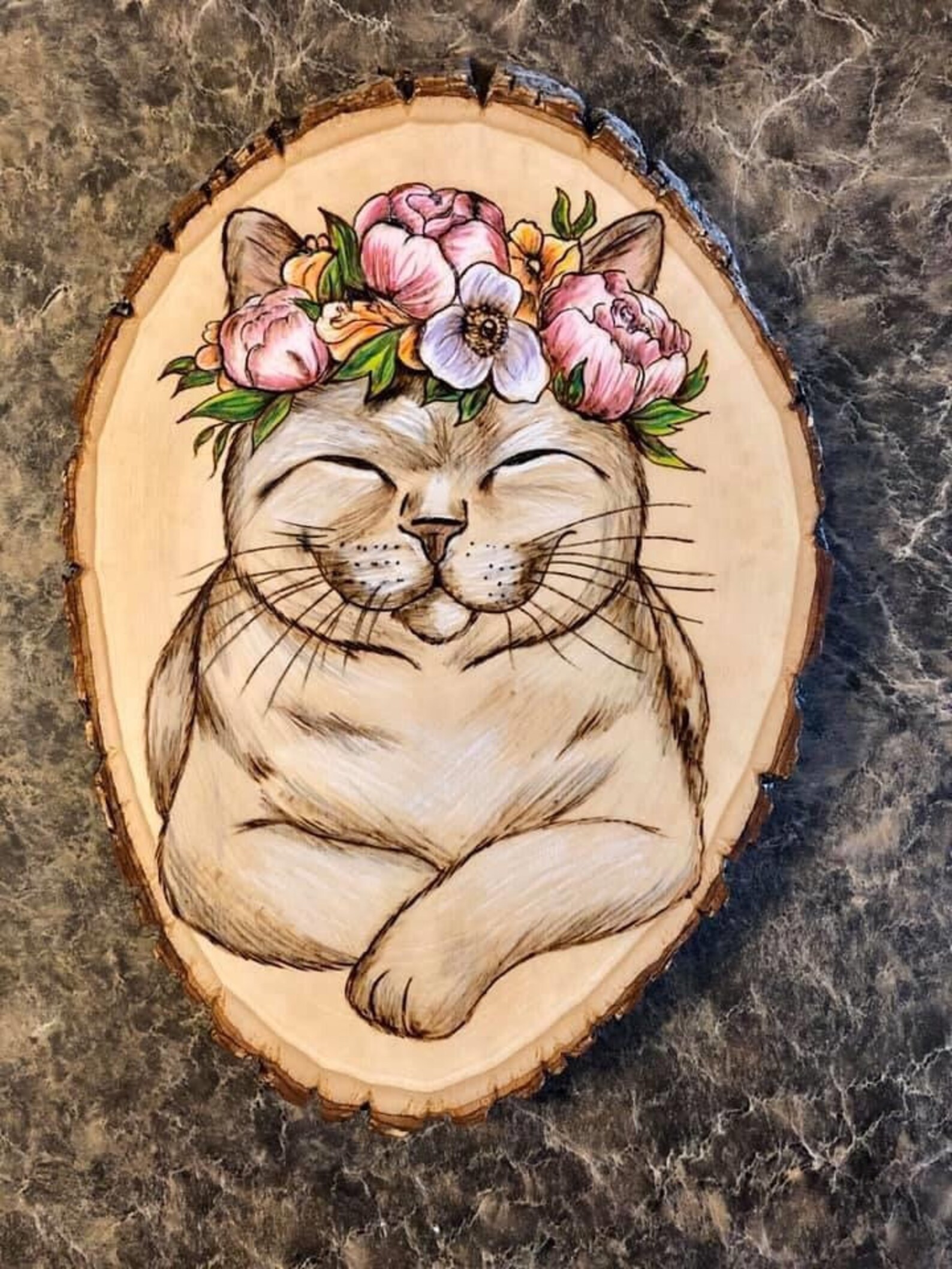 Smiling Floral Cat Wood Burning Etsy