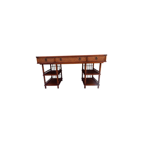 Tommy Bahama Style British Colonial Bambo Woven Rattan Desk w/ Leather insert #3