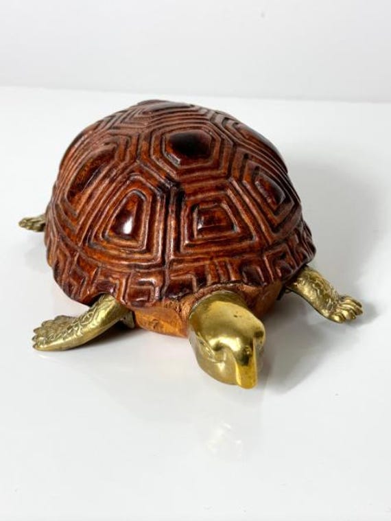 Mid-Century Italian Carved Wood and Brass Turtle Sculpture by Sarreid LTD, 1970s