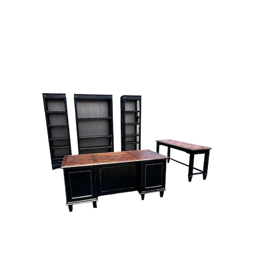 Arhaus complete office set 3 Tremont bookcases, Alderson desk and matching writing table.