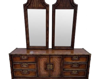 Stanley Hollywood Regency Chinoiserie Faux Bamboo Triple Dresser with Mirrors