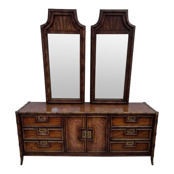 Stanley Hollywood Regency Chinoiserie Faux Bamboo Triple Dresser with Mirrors