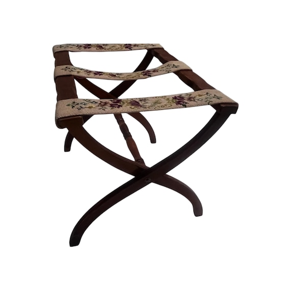 Early 1900's Folding Luggage Rack Stand Handmade Embroidered Floral Tapestry