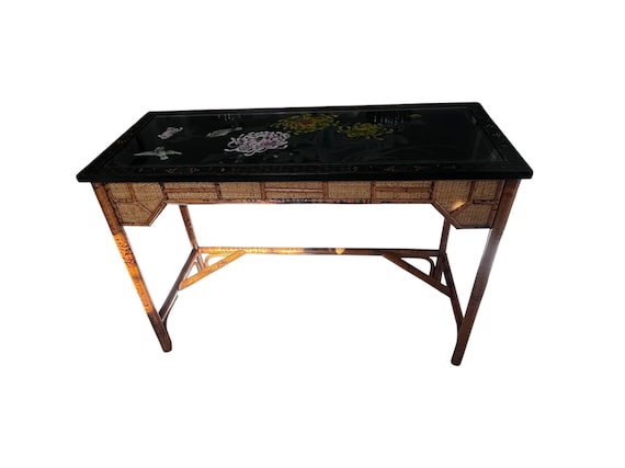Chinoiserie Burnt Bamboo with hand painted lacquered top writing desk table