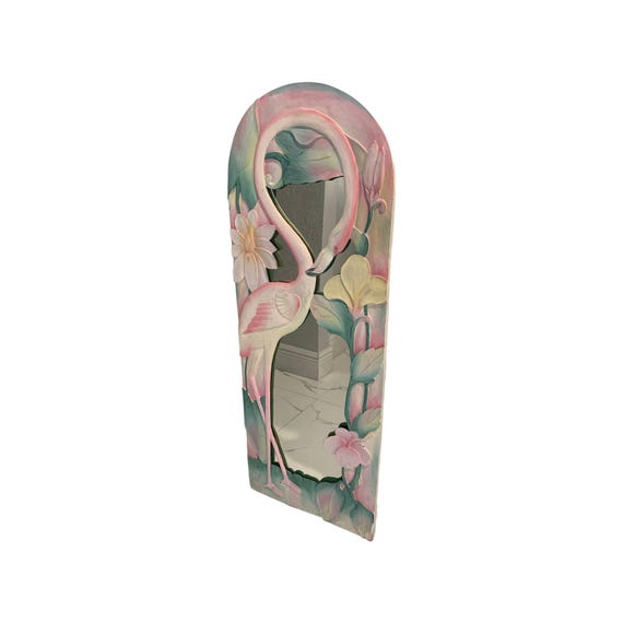 Hand Carved Wood Wall Mirror Flamingo and flowers cottage coastal