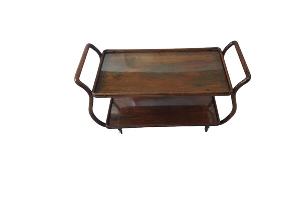 Mid-Century Aesthetic Rosewood Copper and Brass Inlaid Tea or Bar Cart