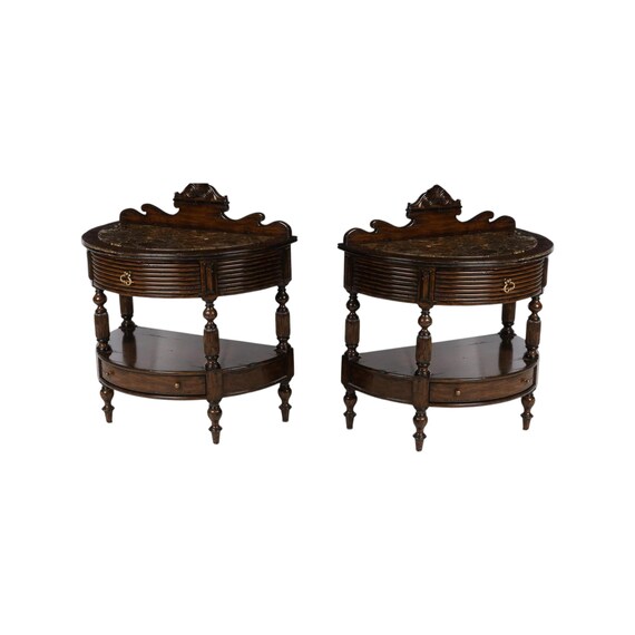 Pair of Marge Carson Demilune Side Tables / nightstands marble top